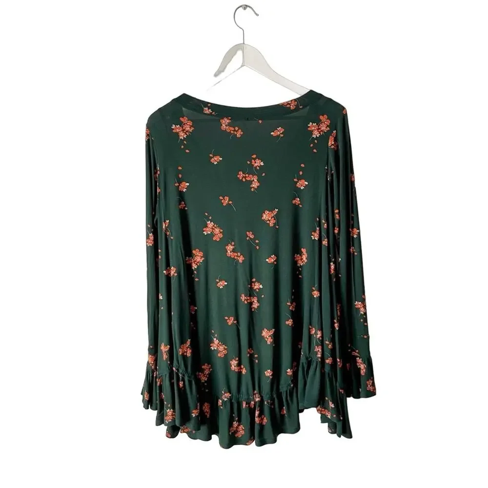 Free People Oversized Green Floral Ruffled Blouse Size XS